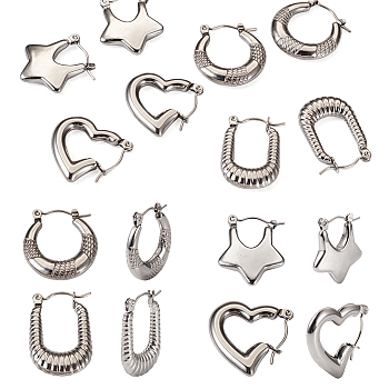 4 Pairs 4 Style Star & Rectangle & Heart & Croissant 304 Stainless Steel Hoop Earrings for Women, Stainless Steel Color, 20~24x15.5~20x3~4mm, Pin: 0.5~0.8mm, 1 Pair/style