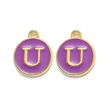 Golden Plated Alloy Enamel Charms, Enamelled Sequins, Flat Round with Alphabet, Letter.U, Purple, 14x12x2mm, Hole: 1.5mm
