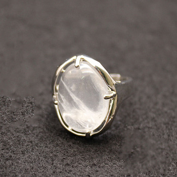 Oval Natural Quartz Crystal Adjustable Ring, Platinum Alloy Jewelry for Women, Inner Diameter: 18mm