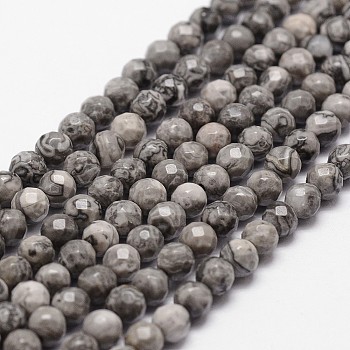 Natural Map Stone/Picasso Stone/Picasso Jasper Beads Strands, Faceted, Round, Gray, 4~4.5mm, Hole: 1mm, about 75~82pcs/strand, 14 inch~15.1 inch