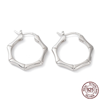 Rhodium Plated 925 Sterling Silver Hoop Earrings, Bamboo Joint, with S925 Stamp, Real Platinum Plated, 22x2.5x19.5mm