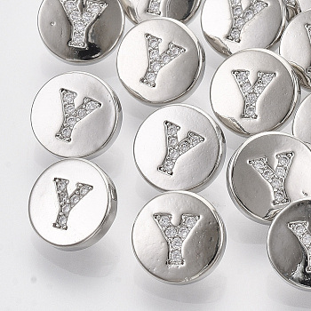 Brass Shank Buttons, with Micro Pave Cubic Zirconia, Flat Round with Letter, Clear, Letter.Y, 10.5x5.5mm, Hole: 1.4mm