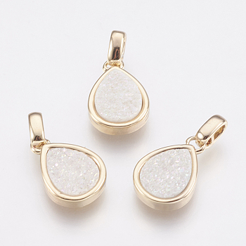 Natural Druzy Agate Pendants, with Brass Finding, teardrop, Golden, Ghost White, 14.5x10x3~4mm, Hole: 2x2.5mm