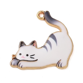 Rack Plating Alloy Enamel Pendants, Golden, Cat Charm, WhiteSmoke, 25x25x25mm, Hole: 2mm