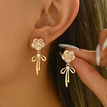 Elegant Brass Pave Clear Cubic Zirconia Flower with Bowknot Stud Earrings, Golden, 33x13mm