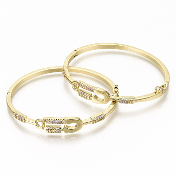 Brass Micro Pave Clear Cubic Zirconia Bangles, Nickel Free, Safety Pin, Real 16K Gold Plated, Inner Diameter: 2-1/4x1-2-1/8 inch(5.8x5.3cm), 9.5mm