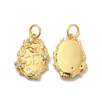 Rack Plating Eco-Friendly Brass Micro Pave Cubic Zirconia Pendants, with Jump Ring, Long-Lasting Plated, Lead Free & Cadmium Free, Oval with Flower & Word Charm, Real 18K Gold Plated, 17x12x2.5mm, Hole: 3.5mm