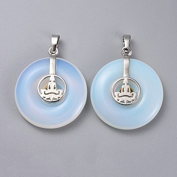 Opalite Pendants, with Platinum Tone Brass Findings, Donut/Pi Disc with Buddha, 35.5x30x8.5~9.5mm, Hole: 4.5x6.5mm