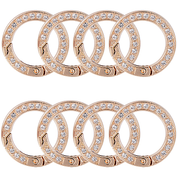 8pcs Alloy Crystal Rhinestone Spring Gate Rings, Ring, Light Gold, 28.5x5mm