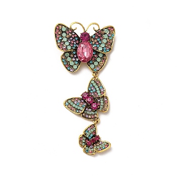 Creative Long Alloy Triple Butterfly Brooch, Rhinestone Retro Insect Brooch, for Ceremony Banquet Suit Accessory, Colorful, 110x52mm