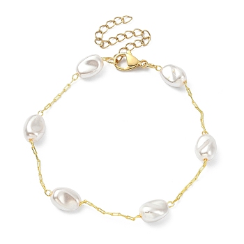 CCB Plastic Pearl Beaded Chain Bracelet, Brass Jewelry, Golden, 7-1/8 inch(18.2cm)
