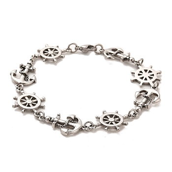 304 Stainless Steel Skull Anchor & Helm Link Chain Bracelets, Antique Silver, 9-1/8 inch(23.2cm)