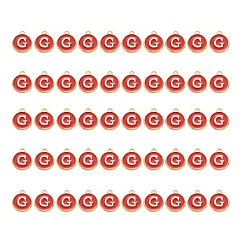 Golden Plated Alloy Charms, with Enamel, Enamelled Sequins, Flat Round, Red, Letter.G, 14x12x2mm, Hole: 1.5mm, 50pcs/Box