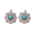 Synthetic Turquoise Pendants, Flower Charms, with Rack Plating Alloy Findings, Antique Silver, 34x29x6.5mm, Hole: 2.5mm(PALLOY-D013-19AS)