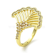 Brass Micro Pave Cubic Zirconia Open Cuff Rings, Hollow Leaf, Real 16K Gold Plated, US Size 7 1/2(17.7mm)(RJEW-K256-38G)