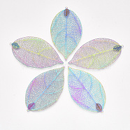 Ion Plating(IP) 304 Stainless Steel Filigree Big Pendants, Etched Metal Embellishments, Leaf, Rainbow Color, 60x33x0.2mm, Hole: 1.6mm(STAS-S108-38)