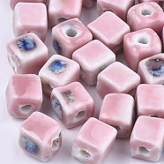 Handmade Porcelain Beads, Fancy Antique Glazed Porcelain, Cube, Pink, 8x7.5~8x7.5~8mm, Hole: 1.5~2mm(PORC-S498-37H)