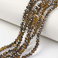 Electroplate Transparent Glass Beads Strands, Half Black Plated, Faceted, Rondelle, Dark Goldenrod, 4x3mm, Hole: 0.4mm, about 123~127pcs/strand, 16.5~16.9 inch(42~43cm)(EGLA-A034-T4mm-P09)