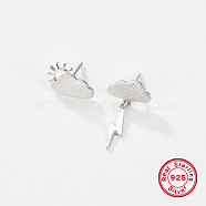 Rhodium Plated 925 Sterling Silver Ear Studs, Asymmetrical Earrings, Cloud and Lightning, 14~25mm(UK6907-2)