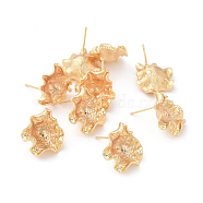 Brass Stud Earring Findings, with Loop, For Half Drilled Beads, Lotus Leaf, Real 18K Gold Plated, 18.5x16.5x6.5mm, Hole: 1.5mm, Pin: 0.7mm(KK-F808-02G)