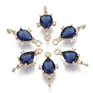 Glass Links connectors, with Brass Micro Pave Cubic Zirconia, Faceted, Teardrop, Light Gold, Dark Blue, 18x9.5x4.5mm, Hole: 1.2mm(GLAA-T021-05B-02)