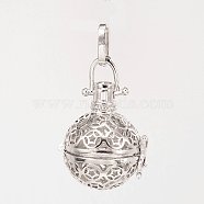 Eco-Friendly Rack Plating Brass Hollow Round Cage Pendants, For Chime Ball Pendant Necklaces Making, Cadmium Free & Nickel Free & Lead Free, Platinum, 30x24x22mm, Hole: 9x4mm, inner: 19mm(KK-M180-15P-NR)