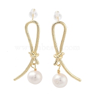 Natural Pearl Ear Studs, with Brass Findings and 925 Sterling Silver Pins, Round, Real 14K Gold Plated, 37x17mm(EJEW-P256-31G)
