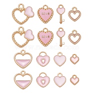 80Pcs 8 Style Light Gold Alloy Enamel Pendants, for Valentine's Day, Heart, Pink, 8.5~18x7~18x1.5~3mm, Hole: 1.6~2mm, 10pcs/style(ENAM-LS0001-69)