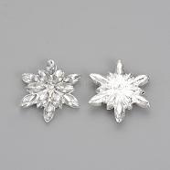 Brass Rhinestone Flat Back Cabochons, with Acrylic Rhinestones, Snowflake, Silver Color Plated, 28x24x5mm(RB-S065-04)