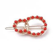 Alloy Hollow Hair Barrettes, Ponytail Holder Statement, with Glass Beads and Brass Beads, Light Gold, Orange Red, 60.5x32x8mm(PHAR-JH00067-03)