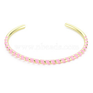 Twisted Brass Enamel Cuff Bangle, Real 18K Gold Plated Open Bangle for Women, Nickel Free, Pink, Inner Diameter: 2-3/8 inch(5.95cm)(BJEW-T020-02A-NF)