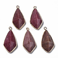 Natural Rhodonite Charms, with Golden Plated Brass Edge and Loop, Faceted, Rhombus, 35x17.5x8.5mm, Hole: 2mm(G-Q998-029A)