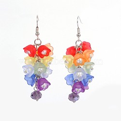 Flower Acrylic Cluster Earrings, with Glass Pearl Beads, Glass Beads and Brass Earring Hooks, Colorful, 63mm, Pin: 0.7mm(EJEW-JE01685)