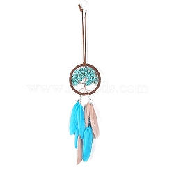 Iron & Synthetic Turquoise Woven Web/Net with Feather Pendant Decorations, Flat Round with Tree, 75mm(PW-WG44935-05)
