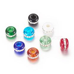 Lampwork European Beads, Large Hole Beads, with Rhinestones, Rondelle, Mixed Color, 13~14x9mm, Hole: 4~4.5mm(LPDL-S004-M)