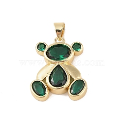 Brass Pendants, with Glass, Real 18K Gold Plated, Bear Charms, Green, 21.5x18x3.5mm, Hole: 4x3.5mm(KK-E111-40G-02)