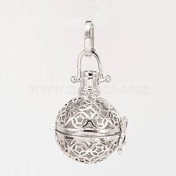 Eco-Friendly Rack Plating Brass Hollow Round Cage Pendants, For Chime Ball Pendant Necklaces Making, Cadmium Free & Nickel Free & Lead Free, Platinum, 30x24x22mm, Hole: 9x4mm, inner: 19mm(KK-M180-15P-NR)