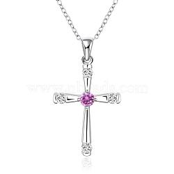 Silver Color Plated Brass Cubic Zirconia Cross Pendant Necklaces, Purple, 18 inch(NJEW-BB09493)