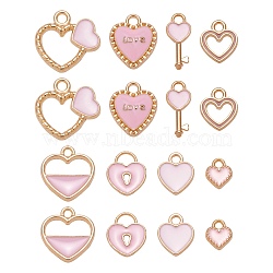 80Pcs 8 Style Light Gold Alloy Enamel Pendants, for Valentine's Day, Heart, Pink, 8.5~18x7~18x1.5~3mm, Hole: 1.6~2mm, 10pcs/style(ENAM-LS0001-69)