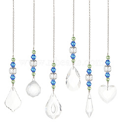 AHADERMAKER 6Pcs 6 Style Transparent Glass Pendant Decorations, Hanging Sun Catchers, with Glass Beads, for Home Decoration, Mixed Shapes, 229~250mm, 1pc/style(HJEW-GA0001-43)