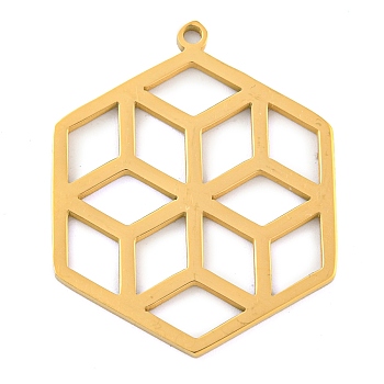 304 Stainless Steel Pendants, Laser Cut, Hexagon with Flower Charm, Real 18K Gold Plated, 30x24x1.3mm, Hole: 1.2mm