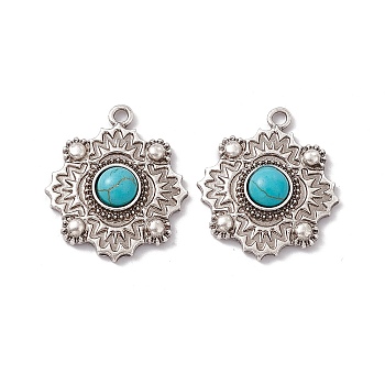Synthetic Turquoise Pendants, Flower Charms, with Rack Plating Alloy Findings, Antique Silver, 34x29x6.5mm, Hole: 2.5mm