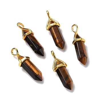 Natural Tiger Eye Pendants, Faceted, with Golden Tone Brass Findings, Lead free & Cadmium Free, Bullet, 27~30x9~10x7~8mm, Hole: 4x3mm