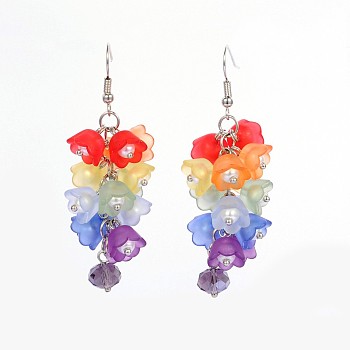 Flower Acrylic Cluster Earrings, with Glass Pearl Beads, Glass Beads and Brass Earring Hooks, Colorful, 63mm, Pin: 0.7mm