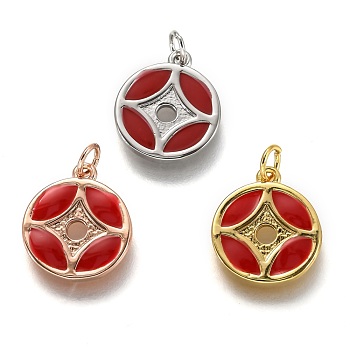 Brass Enamel Charms, Long-Lasting Plated, with Jump Ring, Copper Coin Shape, Red, Mixed Color, 13x11x1.2mm, Hole: 2.7mm