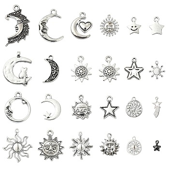 48Pcs 24 Styles Tibetan Style Alloy Pendants Sun/Star/Moon, Mixed Color, 7~28.5x5~23x2mm, Hole: 1~2mm, 2pcs/style