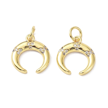 Brass Cubic Zirconia Charms, with Jump Ring, Long-Lasting Plated, Lead Free & Cadmium Free, Moon, Real 18K Gold Plated, 13.5x12.5x2.2mm