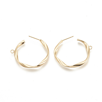 Brass Stud Earring Findings, Half Hoop Earrings, with Loop, Nickel Free, Real 18K Gold Plated, 24.5x22.5x3mm, Hole: 2mm, Pin: 0.8mm