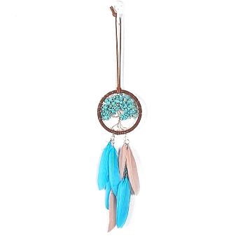 Iron & Synthetic Turquoise Woven Web/Net with Feather Pendant Decorations, Flat Round with Tree, 75mm