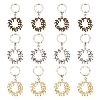 12Pcs Olive Branch Wreath Pendant Keychain, for Men Car Gift Souvenirs Keychain, Mixed Color, 7.5cm